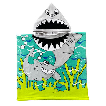 Kids Personalised Hooded Towel Poncho Blue Shark Childrens Bathrobe Swim 