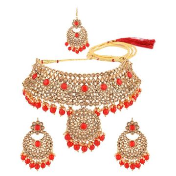 Indian Bollywood Jewellery Set Gold & Pearl With Matching Tikka And Earrings 