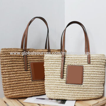 10 x Large Straw Tote with Long Leather Handles, Summer Beach Tote, Handmade Bag Wholesale