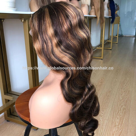 Peruca Frontal de Cabelo Humano com Ondas Soltas e Mechas, Grau 10, 100% Cabelo Brasileiro Natural for sale at factory direct price