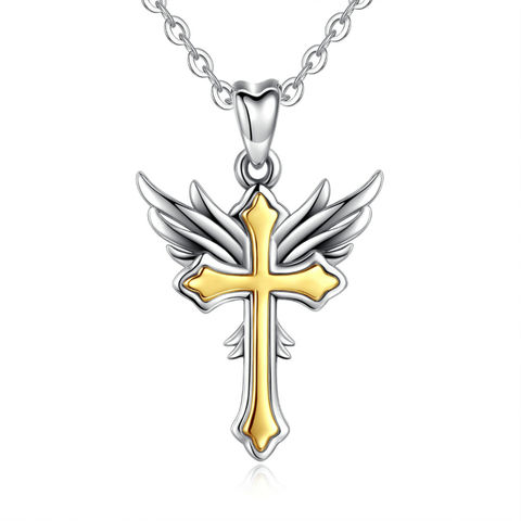 925 Sterling Silver Genuine Angel Wing Cross Necklace for Women 