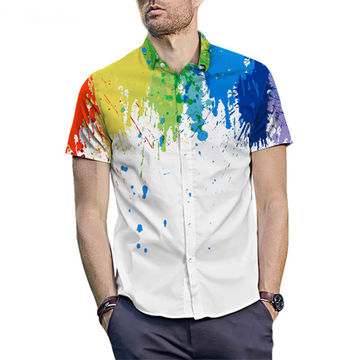 2019 Casual Splash-Ink Print Short Sleeve Turn-Down Collar Tops TOOPOOT Elastic Summer T Shirts for Men 