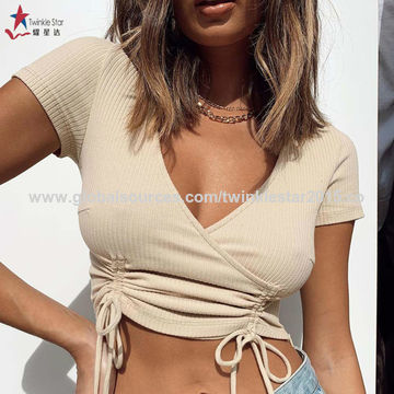 Buy Standard Quality China Wholesale Hot Sales Ribbed Knit Deep V-neck Sexy  Women Short Sleeve Criss Cross Bandage Basic Shirts $4.5 Direct from  Factory at Shenzhen Twinkle Star Textile Co.,Ltd