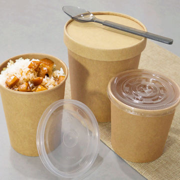 Biodegradable 500ml Kraft Hot Soup Paper Serving Bowls With Lid