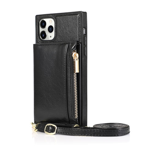 Capa de luxo para iPhone 13 Pro Max com zíper, compartimento para cartões, suporte em couro e corrente transversal for sale at factory direct price