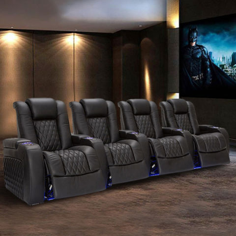 Modern Theater Furniture With Led Light, Leather Reclining Theater Sofa Set