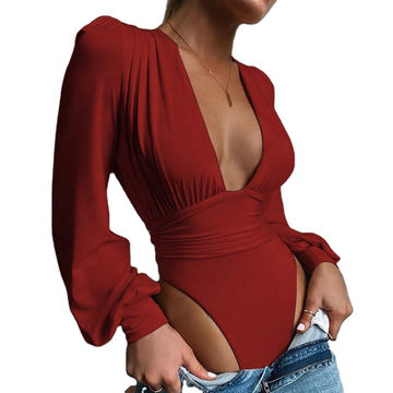 Cinched Waist Plunge Neck T-Shirt, Casual Lantern Sleeve T-Shirt For Spring  & Fall, Women's Clothing