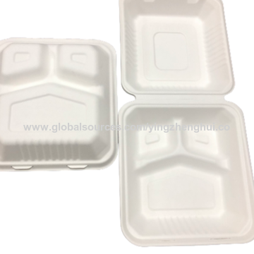 Fully Biodegradable & Compostable 8" White Bagasse Sugarcane Meal Lunch Box 