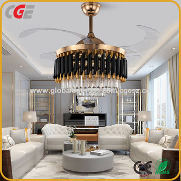 Remote Invisible Blade Ceiling Fans Crystal LED Chandelier Lighting Pendant Lamp 