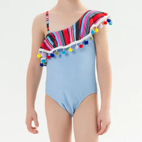 Maillot de Bain Bikini pour Enfants avec Volants et Épaules Dénudées, Effet Froncé et Pompons Colorés - Vêtements de Plage pour Enfants