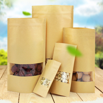 Stand Up Pouches Snack Kraft Paper Bags with Window Brown Sealable