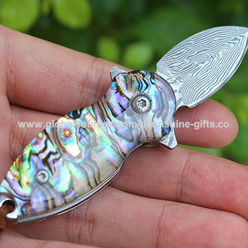 Damascus Steel and Abalone Folding Knife