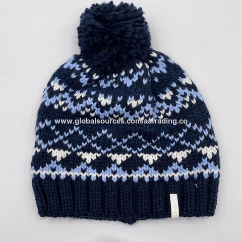 Gorro de Invierno para Hombre Azul Marino de Jacquard, Súper Calidad, Cálido y Suave con Pompón - Venta al por mayor for sale at factory direct price