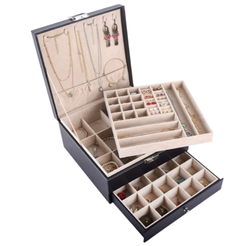 50 Slot Jewelry Box Earring Organizer With Mirror Necklaces Earrings Bracelets 