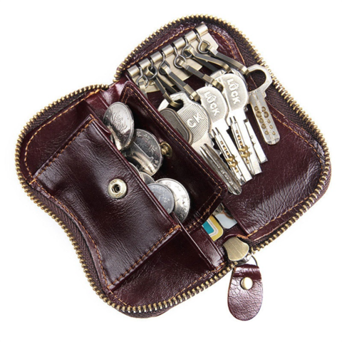 Premium Leather Key Pouch Tiny Zip Coin Purse Card Holder with