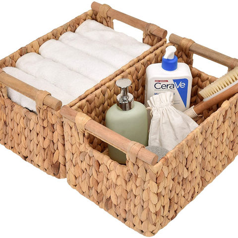 Cesta de almacenamiento de jacinto de agua tejida a mano con mango de  madera, cesta de almacenamiento decorativa de mimbre para organizar