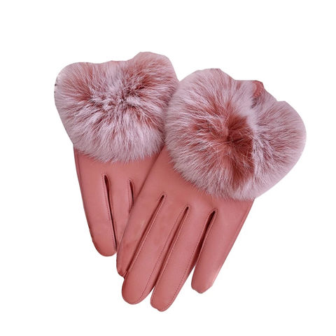 pink leather gloves with fur