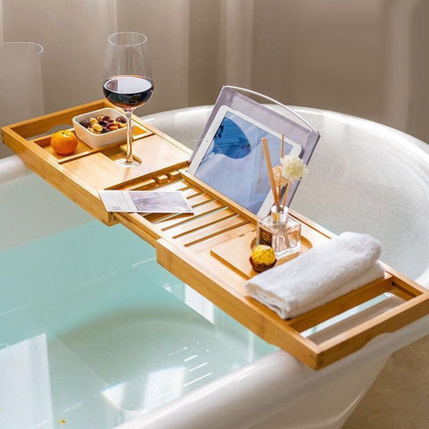 Bandeja de Bañera de Bambú Extensible con Soporte para Lectura o Tablet - Cesta Organizadora para Baño for sale at factory direct price