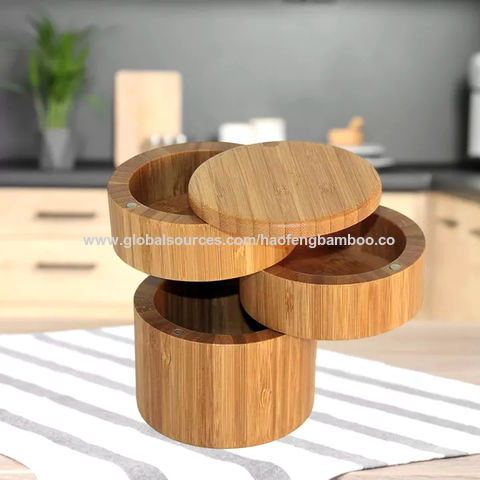 Caixa de Sal Tripla de Bambu, Porta-Tempero de Três Níveis, Recipiente de Armazenamento de Bambu com Tampas Giratórias Magnéticas