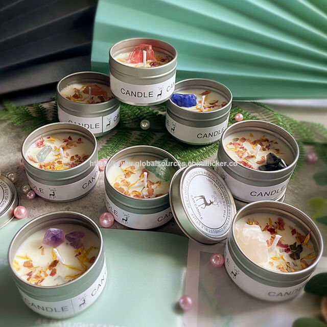 Vela de viagem portátil em lata prateada com flor seca e cristal, vela aromática de cera de soja para alívio do estresse