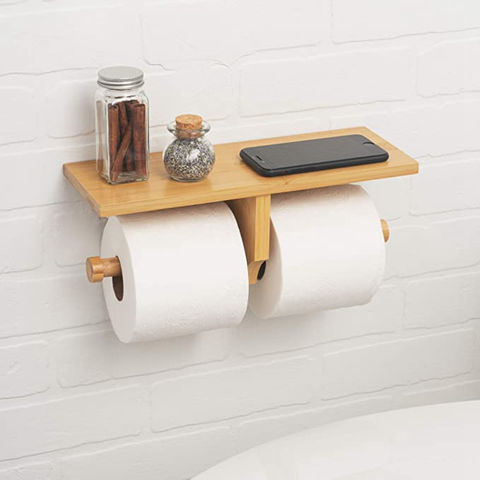 MK428C JackCubeDesign Bamboo Dual Toilet Paper Holder Wall Mount Bathroom Double Tissue Rack with Shelf Tray for Bath 