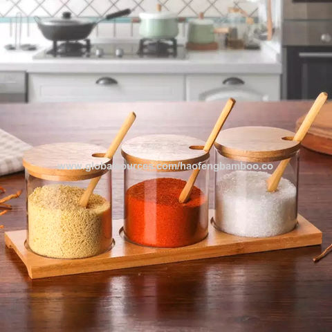 Condiment Container Seasoning Box Set Glass Condiment Canisters Pots with  Wooden Spoon Lid and Base