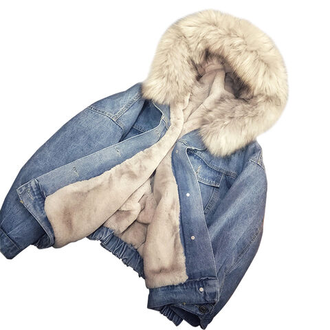Denim Jacket Women Fleeced Thickened Cotton-padded Jacket Loose Casual  Vintage Fur Patchwork Jacket on Luulla