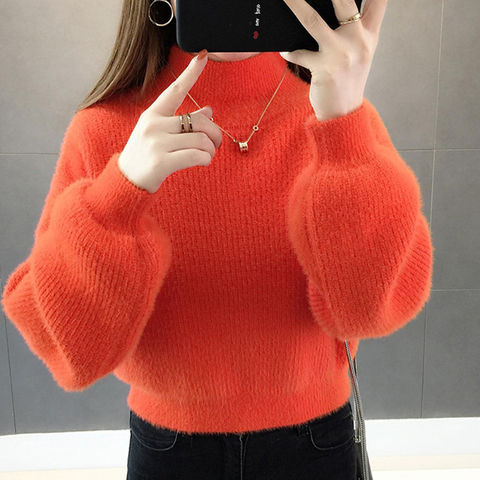 Autumn and winter solid color lantern sleeves loose, wear high neck sweater women's wear