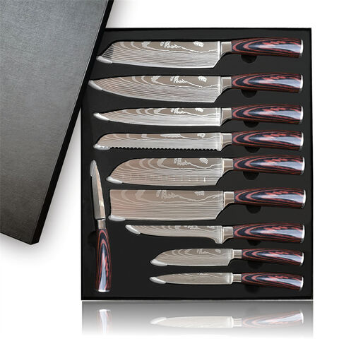 Master Chef Knife Set 7 Pieces Red Pakka Wood Handles Damascus 