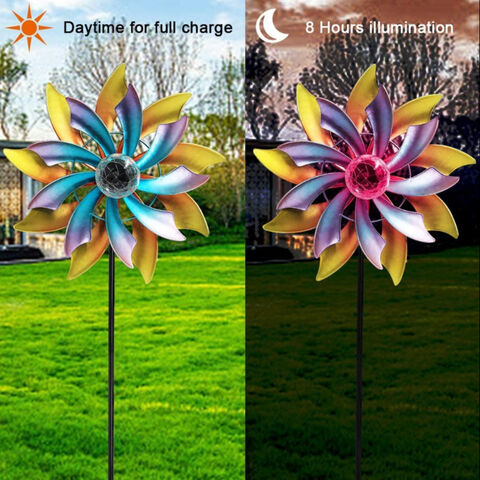 Garden Solar Lights Wind Spinners Outdoor Flower Style 92cm Metal Garden Ornaments Kinetic Sculpture with Stake for Patio Deck Yard Walkway Driveway