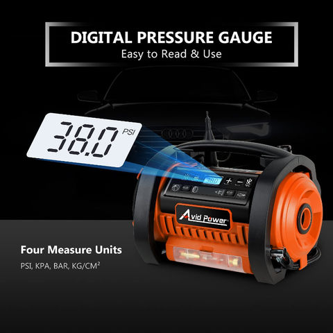 Avid Power Tire Inflator Air Compressor 20V Cordless Car Tire Pump  w/Rechargeable Li-ion Battery Portable Tire Compressor w/ 12V DC Adapter  Digital Pressure Gauge for Many Inflatables 