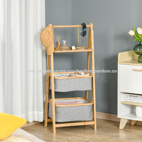 Bamboo Tower Hamper Organizer with 3-Tier Storage Shelves-Natural