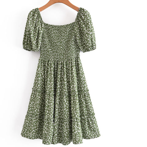 Wholesale Green Color Short Sleeve Women Summer Smocked Floral