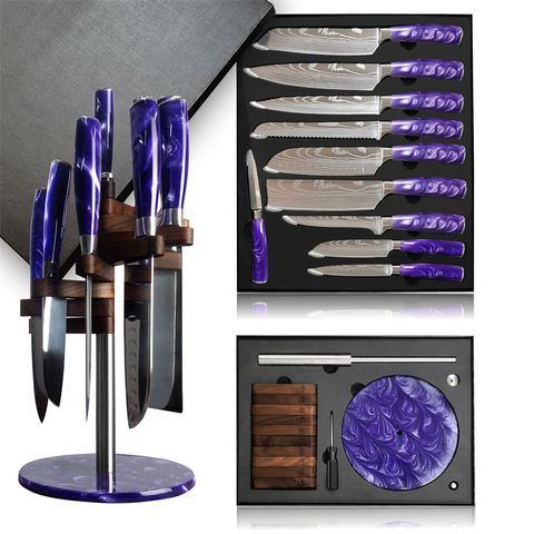 Kitchen Knife Sets, 10PCS Chef Knife Set Purple Resin Handle Stainless  Steel Damascus Pattern Kitchen Non-Stick Santoku Cleaver Boning Knivse  (Color 
