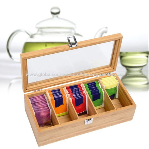 Bamboo Tea Bag Storage Caddy Box Organizer With Acrylic Lid - 5 Compartments