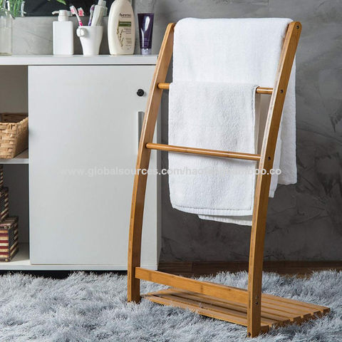 Freestanding 3 Tier Bamboo Towel Bar, Wooden Bathroom Towel Rack With Shelf