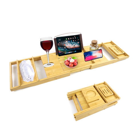 Bandeja de Bañera Plegable de Bambú Hecha a Mano con Soporte para Jabón - Organizador de Bañera de Madera for sale at factory direct price
