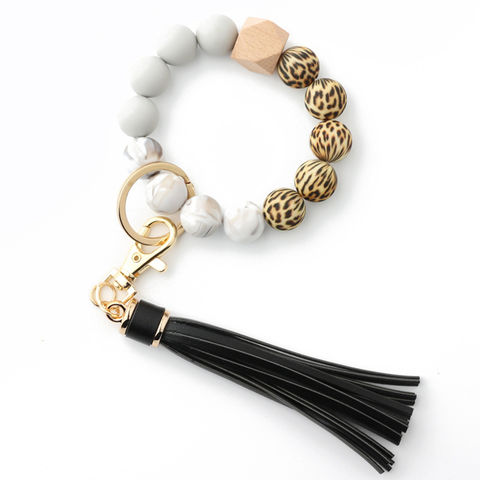 Women Bracelet Wristlet Keychain Leather Tassels Silicone Beads Key Ring  Bangle