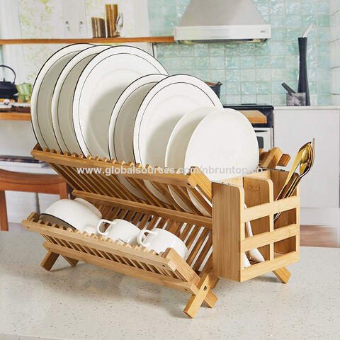 Bamboo Dish Drainer Rack holder Stand Plates Drying Storage Kitchen Wood Tool 