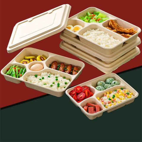 100% Compostable 5 Compartment Disposable Bagasse School Lunch Trays