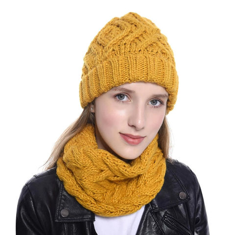 Women Hat Acrylic Knitted Beanie Hat with Scarf Fleece Ski Outdoor Sports Hats Scarf Beanies Female Cap 