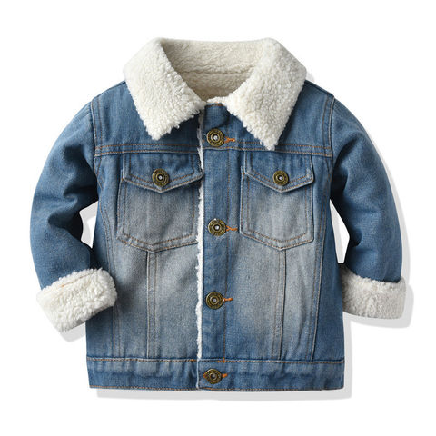 Kids Boys Girls Denim Sherpa Fur Fleece Lined Hoodie Coat Fur Wool Warm Jacket 