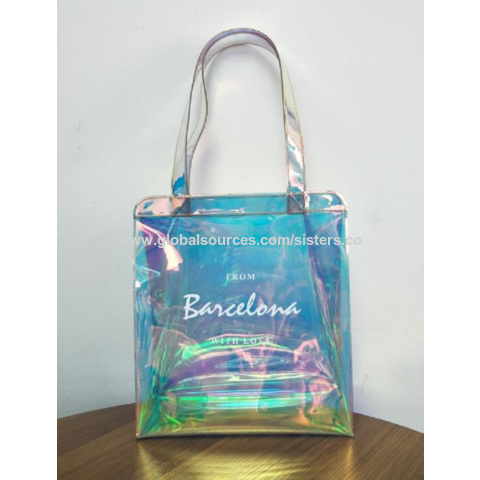 High Quality Holographic Transparent Handbags Hologram Laser PVC Tote  Shopping Bag factory and manufacturers
