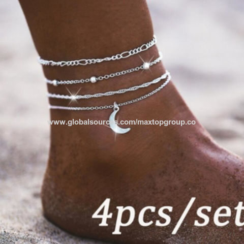 4pcs Silver Ankle Bracelet Women Anklet Adjustable Chain Foot Beach Jewelry