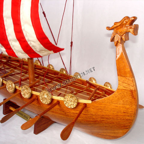 Drakkar Dragon Viking Sailboat 25" Built Handmade Wooden Model Ship Assembled 