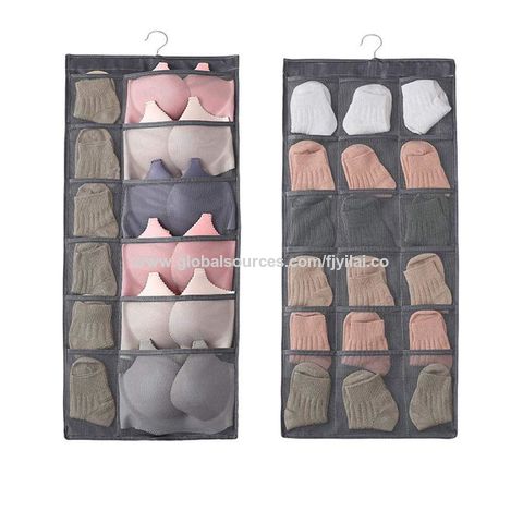 Closet Hanging Dual Sided Wall Shelf Organizer with Mesh Pockets & Rotating Metal Hanger Oxford Cloth Space Saver Bag for Bra Underwear Underpants Socks