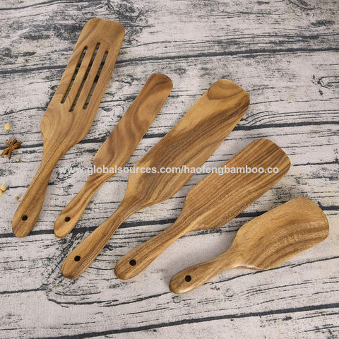 6 Pcs100% Teak Wood Slotted Spatulas Spoons Set Utensils for Cookware Kitchen Cooking Heat Resistant Tool For Stirring Wooden Spatula Set with HOLDER Spurtle Set As Seen On TV Mixing 