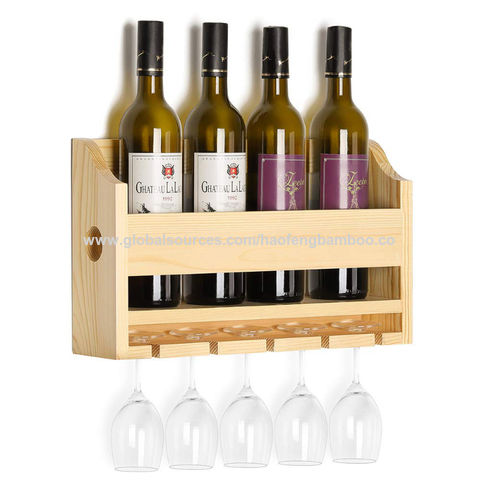24 inch OISSIO Industrial Stemware Rack,Wine Rack Wall Mounted with Wood Shelves,2 Tier Stemware Storage with 5 Stem Glass Holder for Wine Glasses,Mugs,Home Decor,Retro White