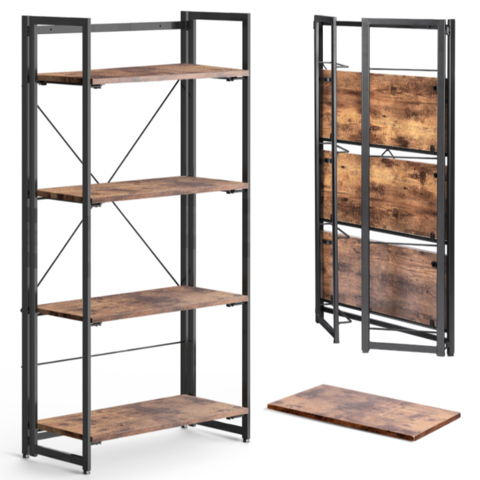 4 Open Shelves 125cm Height Foldable, Collapsible Wood Bookcases