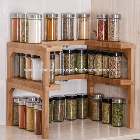 Light Bamboo Pantry Shelf Organizer Seasonings Bamboo Expandable Spice Rack 2 Tier Stackable Spice Rack Organizer for Kitchen Cabinet 1 Set of 2 shelves - Ideal for Spice Bottles Jars 